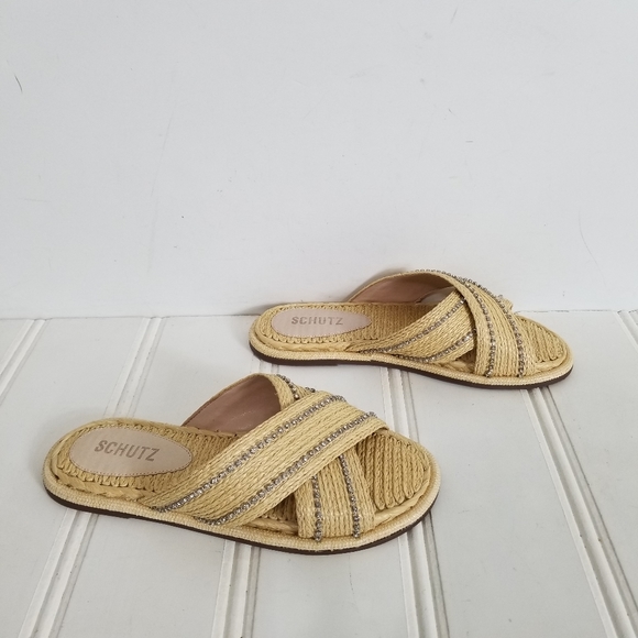 Schutz Rhinestone Raffia Sandals Womens Carlotta Crossover Flat Summer Shoes 6 - Picture 3 of 15
